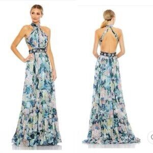 NWT Mac Duggal Sz 6 Blue Floral 68089 Halter Maxi Gown Backless Beaded Dress